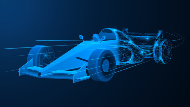 The future evolution of speed. A racing car that transforms from a physical object into a digital form. The concept of digital transformation, artificial intelligence and innovation in motor sports.