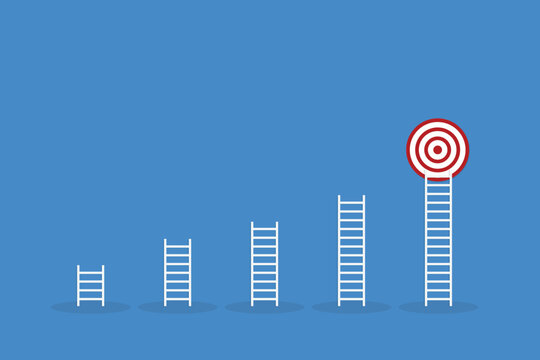 Strategic Progress Ladder Reaching Bullseye, Goal Setting and Business Achievement Concept