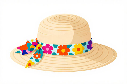 Charming Summer Straw Hat Adorned with Vibrant Floral Ribbon, Evoking Playfulness and Joyful Leisure on a Sunny Day