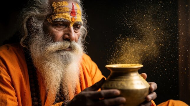 Elderly Indian ascetic holds brass pot releasing golden dust. Orange robed holy man has white beard and forehead markings. Spirituality and ritual in India.