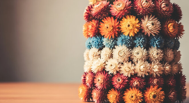 Vibrant multicolored dried strawflower arrangement displayed on wooden surface against neutral background studio setting