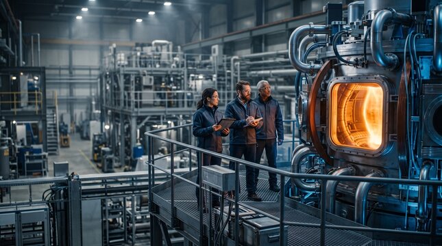 Scientists gather beside a sealed fusion reactor chamber