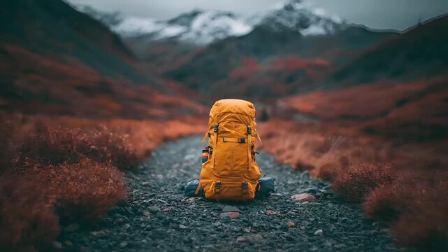 A vivid outdoor scene features a large, mustardyellow backpack positioned on a rocky path. The backpack has multiple straps and buckles, and a water bottle is securely attached to the front. The.