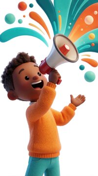 Young boy character shouts into megaphone with colorful sound waves exploding outwards. Cartoon kid announces news loudly, spreading messages with energetic graphic elements and bright playful design.