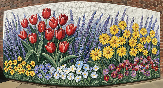 Vibrant floral mosaic mural displaying colorful tulip lavender and daisy garden bed art design with small white pink flowers