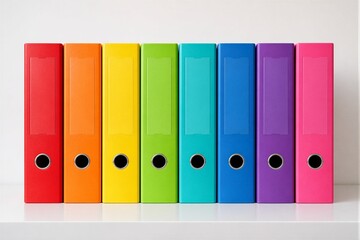 Fototapeta premium Colorful office binders neatly arranged on white shelf