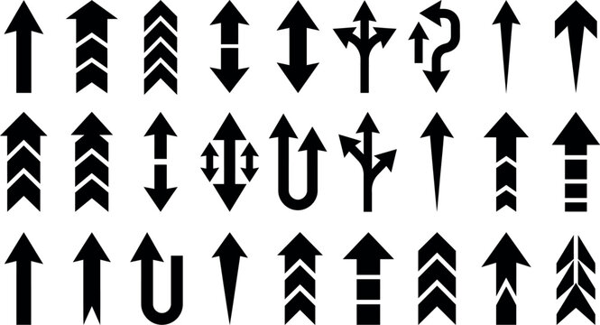 A diverse collection of textured black arrow icons pointing in multiple directions on a white backdrop symbolizing navigation and the concept of direction