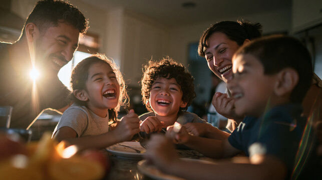 Happy Hispanic Family Laughing Together at Dining Table