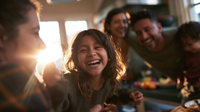 Happy Family Laughing Together in Kitchen at Home