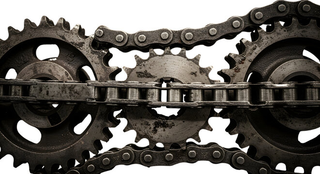 Closeup of rusty gears and chains in a mechanical system