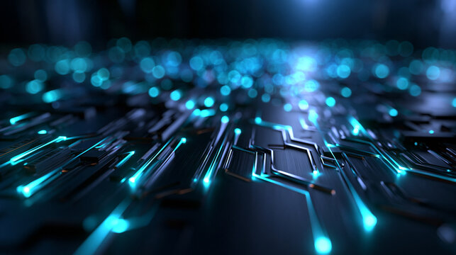 Abstract Digital Circuit Board with Glowing Blue Data Light Trails