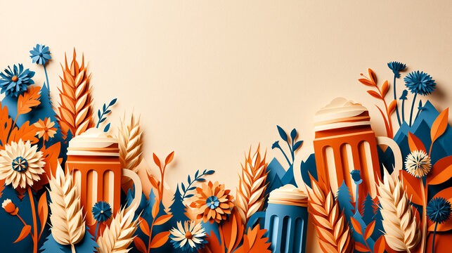 Oktoberfest Celebration Background with Paper Cut Beer Mugs and Wheat