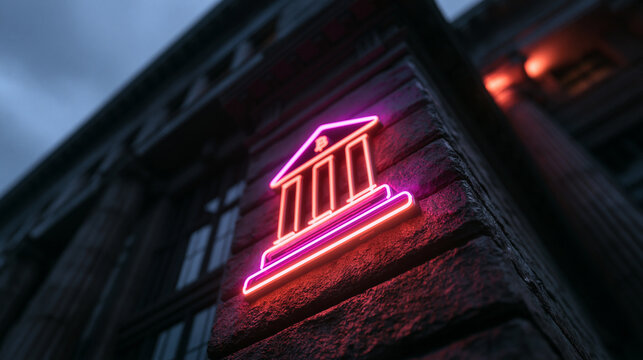 Neon Crypto Bank Icon Glowing on Historic Building at Night