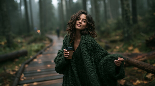 Young Woman in Cozy Knit Sweater Holding Coffee in Forest