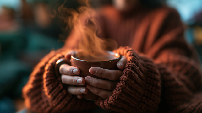 Person in Knitted Sweater Holding Steaming Hot Mug