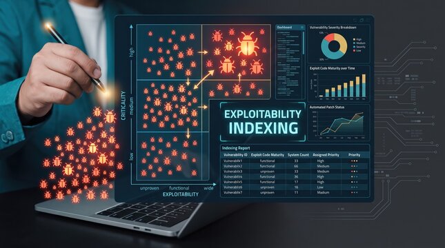 Cybersecurity expert engaging with an advanced system for exploitability indexing, visualizing data points to identify and manage digital threats and vulnerabilities