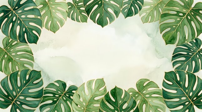 Lush green monstera leaves frame a light neutral background, creating