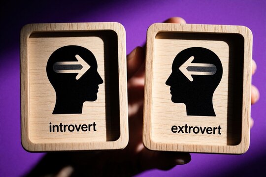 Contrasting introvert and extrovert symbols in wooden frames. Personas show inward and outward arrows, representing social traits. Purple backdrop highlights psychological concept designs.