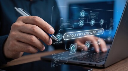 Fototapeta premium Professional utilizing an interactive digital display to manage and optimize machine learning model verification pipelines, enhancing data processing efficiency