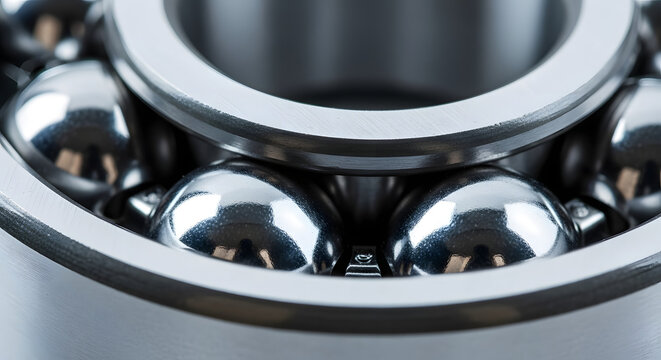 Closeup view of a shiny metal ball bearing with precision engineering