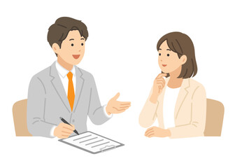 Fototapeta premium ヒアリング会話,スーツ男女,フラットイラスト