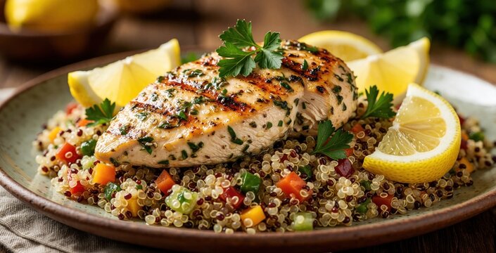 Grilled chicken breast with herbs sits atop colorful quinoa pilaf. Fresh lemon wedges and parsley garnish this healthy, satisfying meal. Perfect for lunch or dinner.