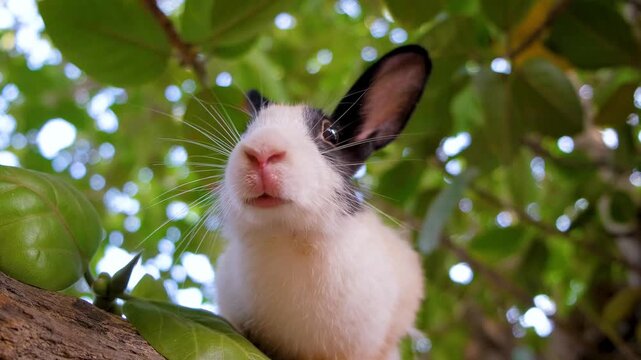Curious rabbit with expressive eyes and soft fur. Cute White Pet Rabbit Exploring Garden Trees. A Fluffy White Rabbit&rsquo;s Favorite Tree Spot.