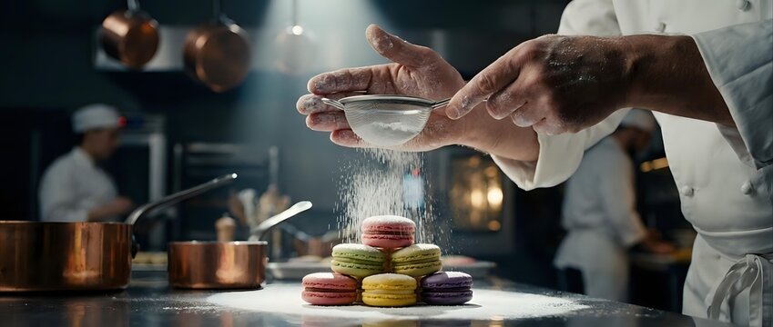 Pastry chef dusting colorful macarons with powdered sugar