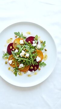 Gourmet salad with roasted beets, arugula, goat cheese
