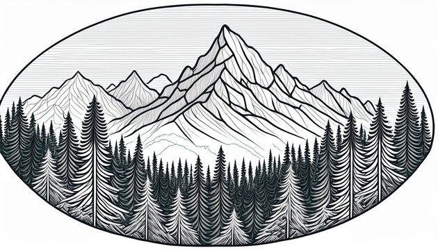 mountain forest engraving black and white outline