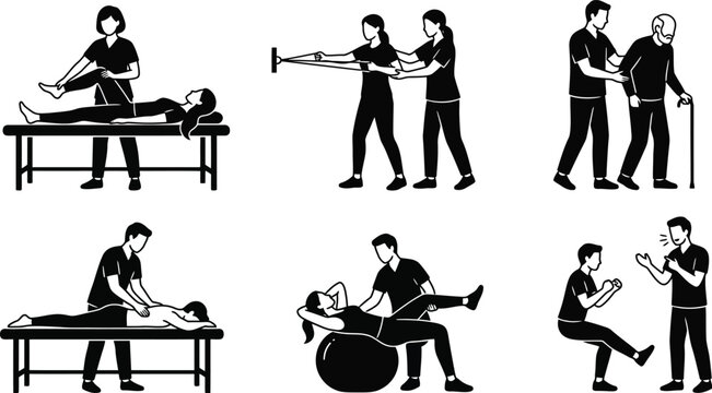 Set of physical therapy and rehabilitation silhouettes featuring therapist treating patient vector illustrationSet of physical therapy and rehabilitatio