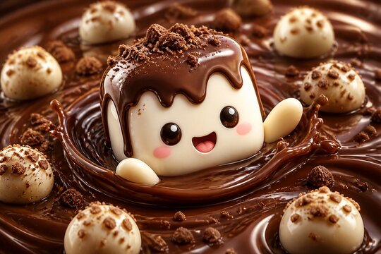 Animated marshmallow character swimming in melted chocolate