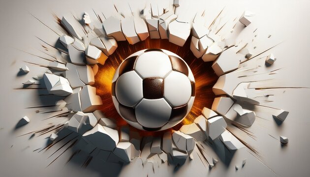 soccer ball breaking through a white wall dynamic sports breakthrough and power concept