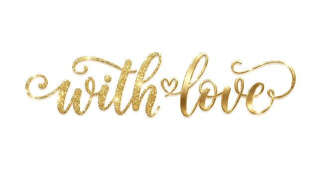 Elegant gold cursive lettering with love text design featuring a small heart symbol for romantic greeting cards