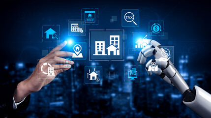 Naklejka na ściany i meble Collaboration Between Human and Robot in Real Estate Technology With Digital Icons Representing Homes and Services. Entropy.
