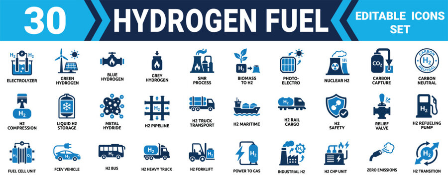Set of thirty hydrogen fuel and green energy icons for industrial power and sustainable transport systems Minimal solid fill icon set bundle collection. Editable Vector Illustration Mega pack
