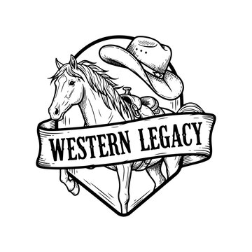 Western legacy emblem with horse and cowboy hat sketch