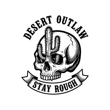 Desert outlaw skull and cactus graphic emblem