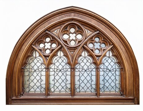 ornate gothic wooden window frame with tracery isolated on white background