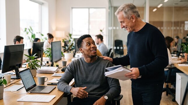 Senior manager supports a young employee at an office desk. This scene depicts mentorship and psychological safety in a professional setting. Corporate culture concept.