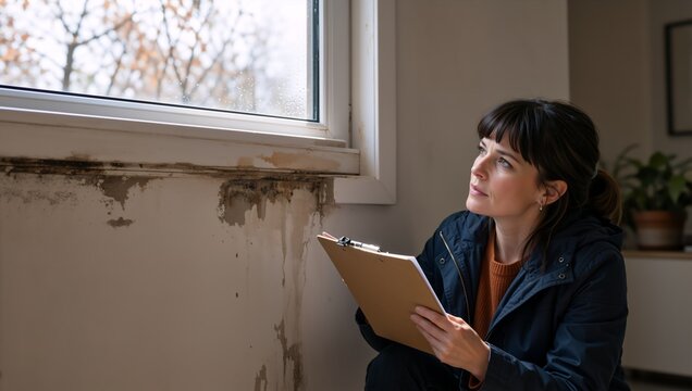 Female inspector examining water damage and mold on a wall. Woman holding clipboard assessing home moisture issue under a window