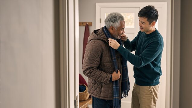 Young Asian man helping senior Black man put on a scarf. Intergenerational care and family support at home. Son assisting elderly father with winter jacket