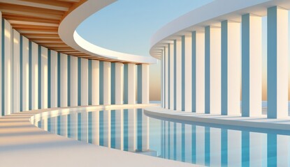Fototapeta premium Minimalist 3D rendering of curved white colonnade and reflective pool at soft sunset light