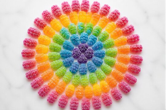 Rainbow gummy raspberries arranged in concentric circle on marble