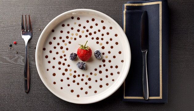 white plate with dessert dots and a berry framed by cutlery