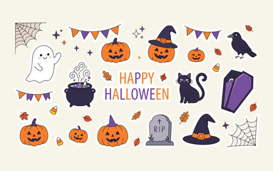 Fototapeta premium Cute Halloween sticker collection, spooky festive elements, pumpkin ghost decorations, adorable autumn vector illustration bundle design artwork