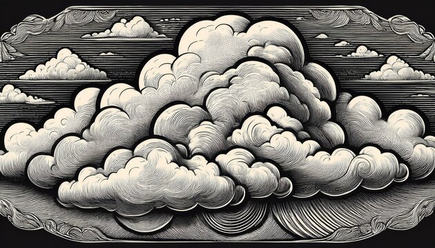 vintage style cloud formation in detailed black and white engraving