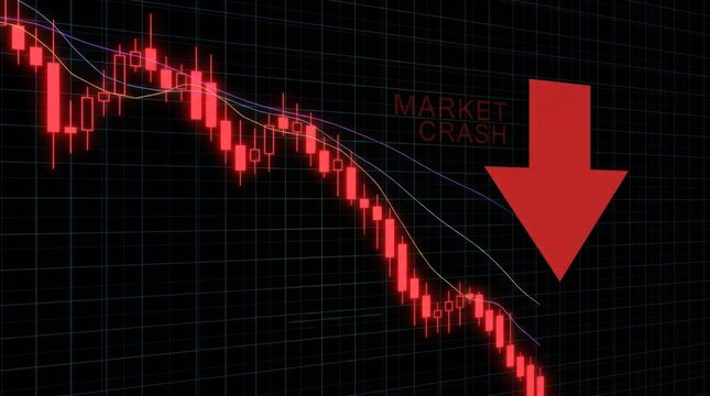 Stock market crash chart with red downward arrow.