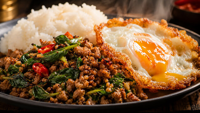 Thai Basil Pork Stir Fry Close Up, Pad Krapow Moo with Fried Egg and Rice, Authentic Thai Street Food Macro Shot