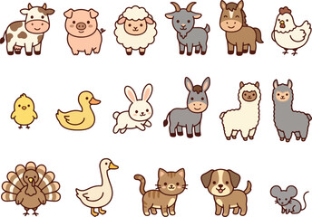 Naklejka premium Cute Farm Animals Domestic Livestock and Pets Vector Sticker Set